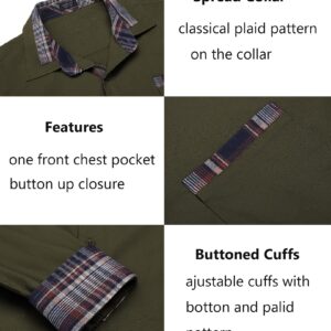 COOFANDY Men's Casual Button Down Shirts Plaid Collar Dress Shirt Army Green X-Large