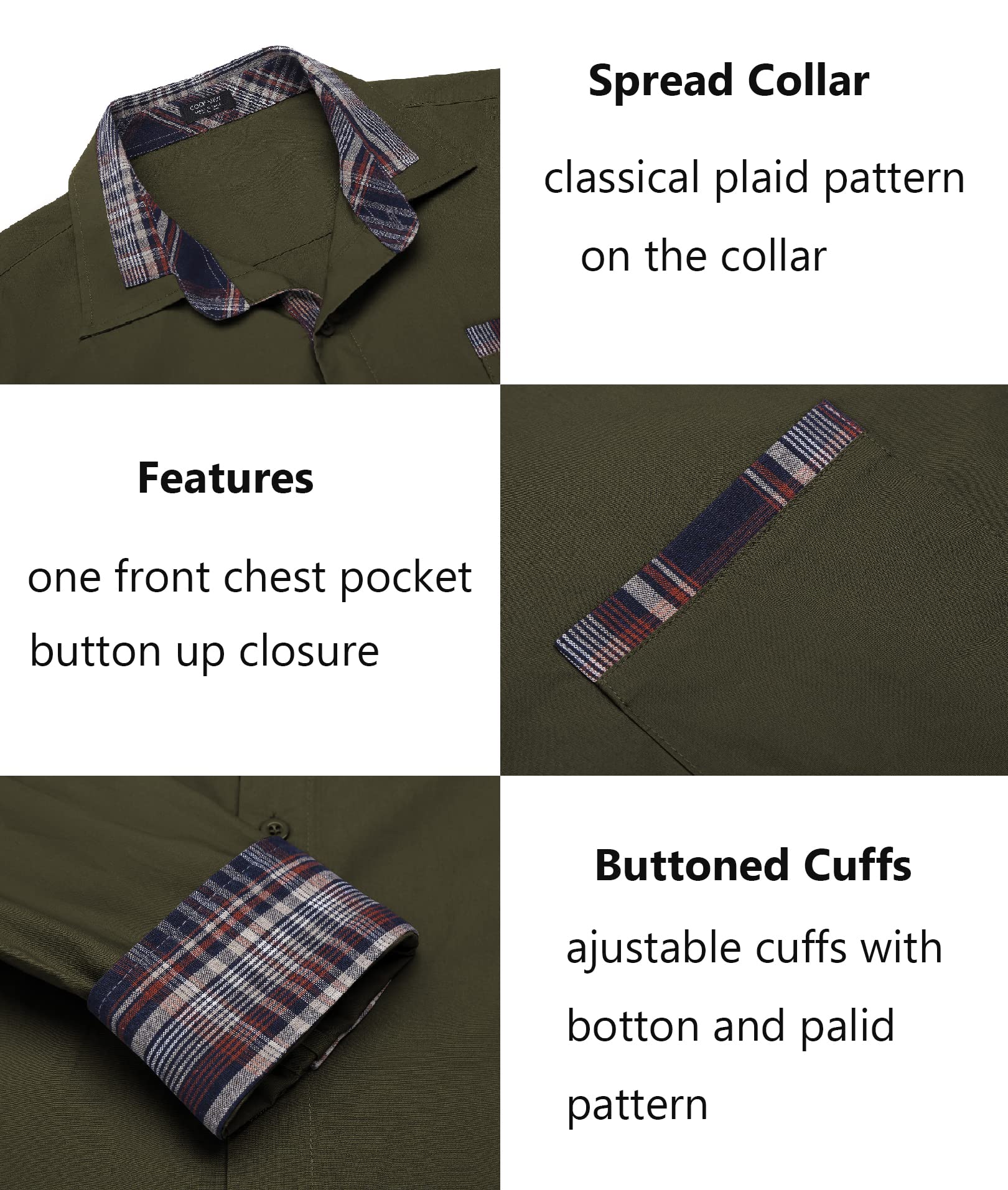 COOFANDY Men's Casual Button Down Shirts Plaid Collar Dress Shirt Army Green X-Large