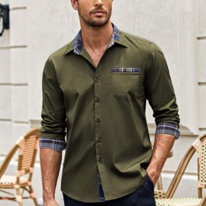 COOFANDY Men's Casual Button Down Shirts Plaid Collar Dress Shirt Army Green X-Large