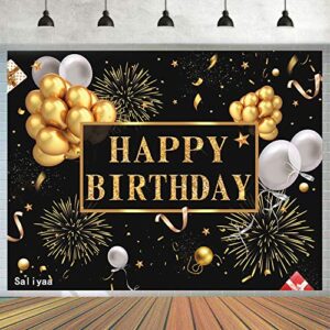 Saliyaa 7x5ft Happy Birthday Backdrop Banner, Birthday Party Decor,Black Gold Poster Photo Booth Backdrop Background Banner for Men Women 30th 40th 50th 60th 70th 80th Bday Party Supplies