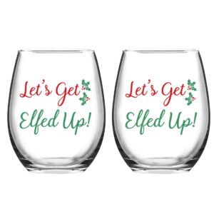 let's get elfed up christmas wine glass, 15 oz funny stemless wine glasses for women friends men, gift idea for christmas wedding party, set of 2