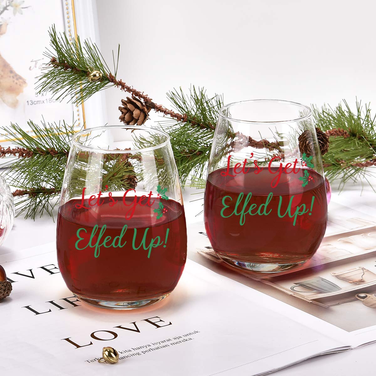 Let's Get Elfed Up Christmas Wine Glass, 15 Oz Funny Stemless Wine Glasses for Women Friends Men, Gift Idea for Christmas Wedding Party, Set of 2