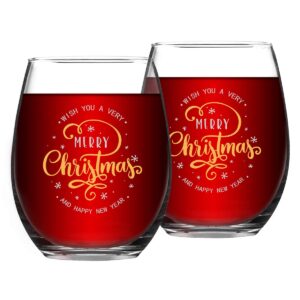 merry christmas stemless wine glasses 15 oz funny wine glasses for women friends men, unique glass set idea for christmas, set of 2