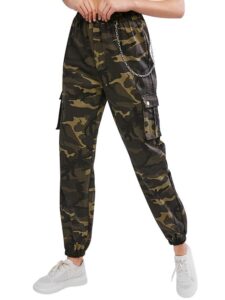 zaful women's cargo pants high waisted jogger pants camouflage sweatpants with chain (3-camouflage, s)