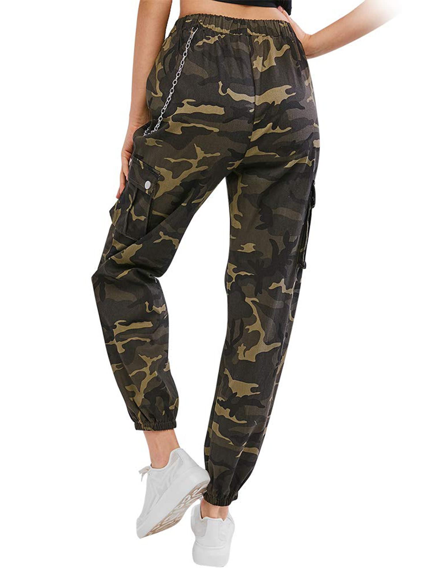 ZAFUL Women's Cargo Pants High Waisted Jogger Pants Camouflage Sweatpants with Chain (3-Camouflage, S)