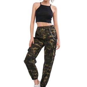 ZAFUL Women's Cargo Pants High Waisted Jogger Pants Camouflage Sweatpants with Chain (3-Camouflage, S)