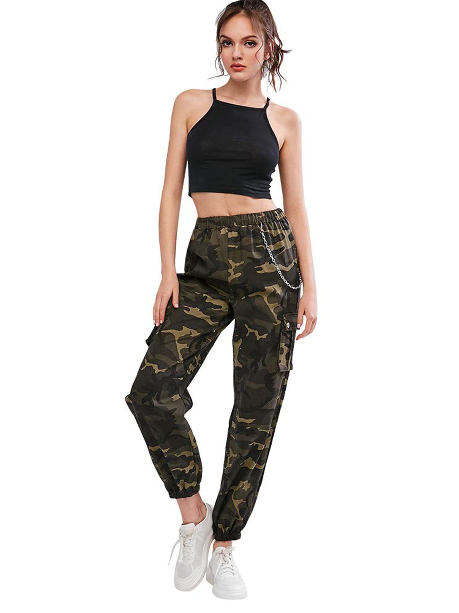 ZAFUL Women's Cargo Pants High Waisted Jogger Pants Camouflage Sweatpants with Chain (3-Camouflage, S)