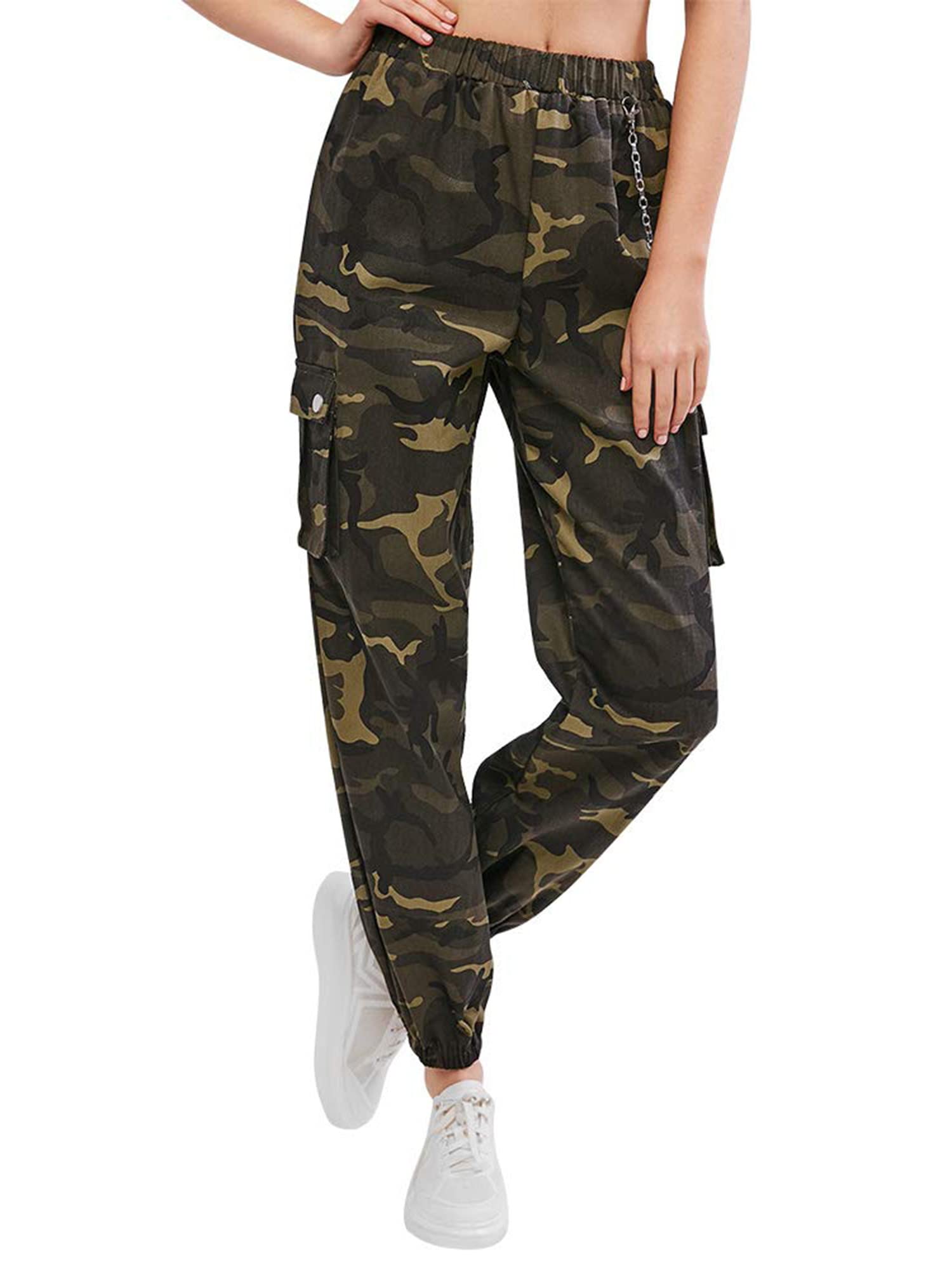 ZAFUL Women's Cargo Pants High Waisted Jogger Pants Camouflage Sweatpants with Chain (3-Camouflage, S)