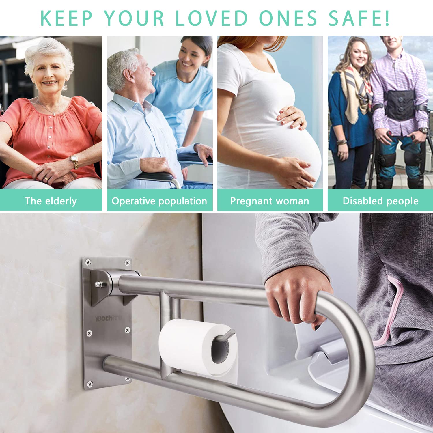 29.5 INCH Stainless Toilet Safety Rails,Disabled Flip-Up Bathroom Grab Bar with Paper Holder,Toilet Handrails Hand Grips Handle Shower Assist Aid, WochiTV Handicap Grab Bars for Elderly