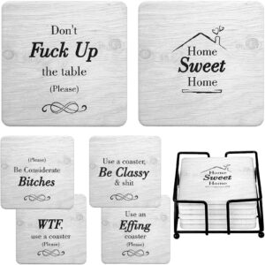 funny coasters for drinks absorbent with holder - 6 pcs novelty gifts set - 6 sayings - unique present for friends, men, women, housewarming, birthday, living room decor, white elephant, holiday party