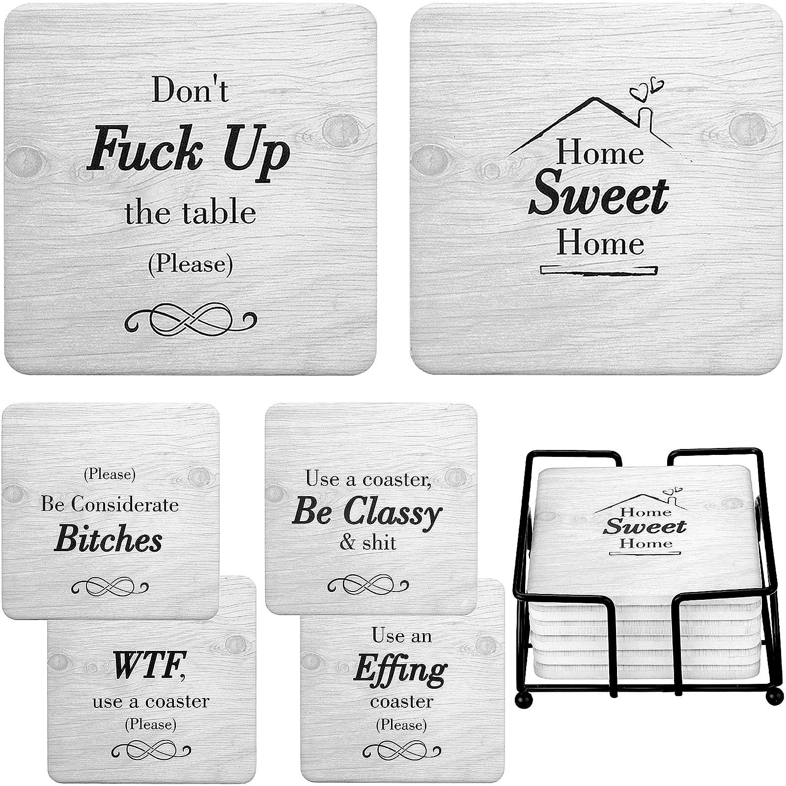 Funny Coasters for Drinks Absorbent with Holder - 6 Pcs Novelty Gifts Set - 6 Sayings - Unique Present for Friends, Men, Women, Housewarming, Birthday, Living Room Decor, White Elephant, Holiday Party