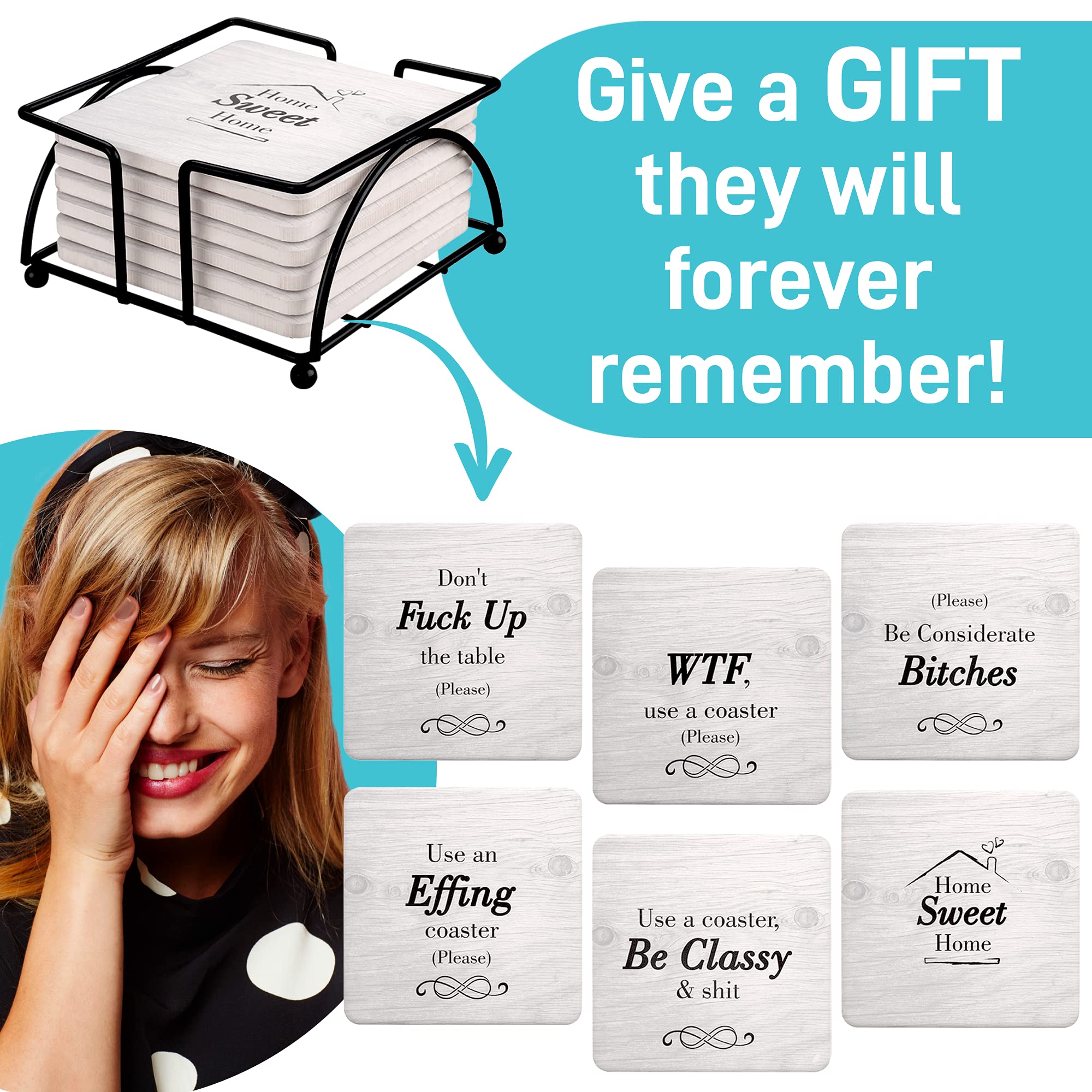 Funny Coasters for Drinks Absorbent with Holder - 6 Pcs Novelty Gifts Set - 6 Sayings - Unique Present for Friends, Men, Women, Housewarming, Birthday, Living Room Decor, White Elephant, Holiday Party