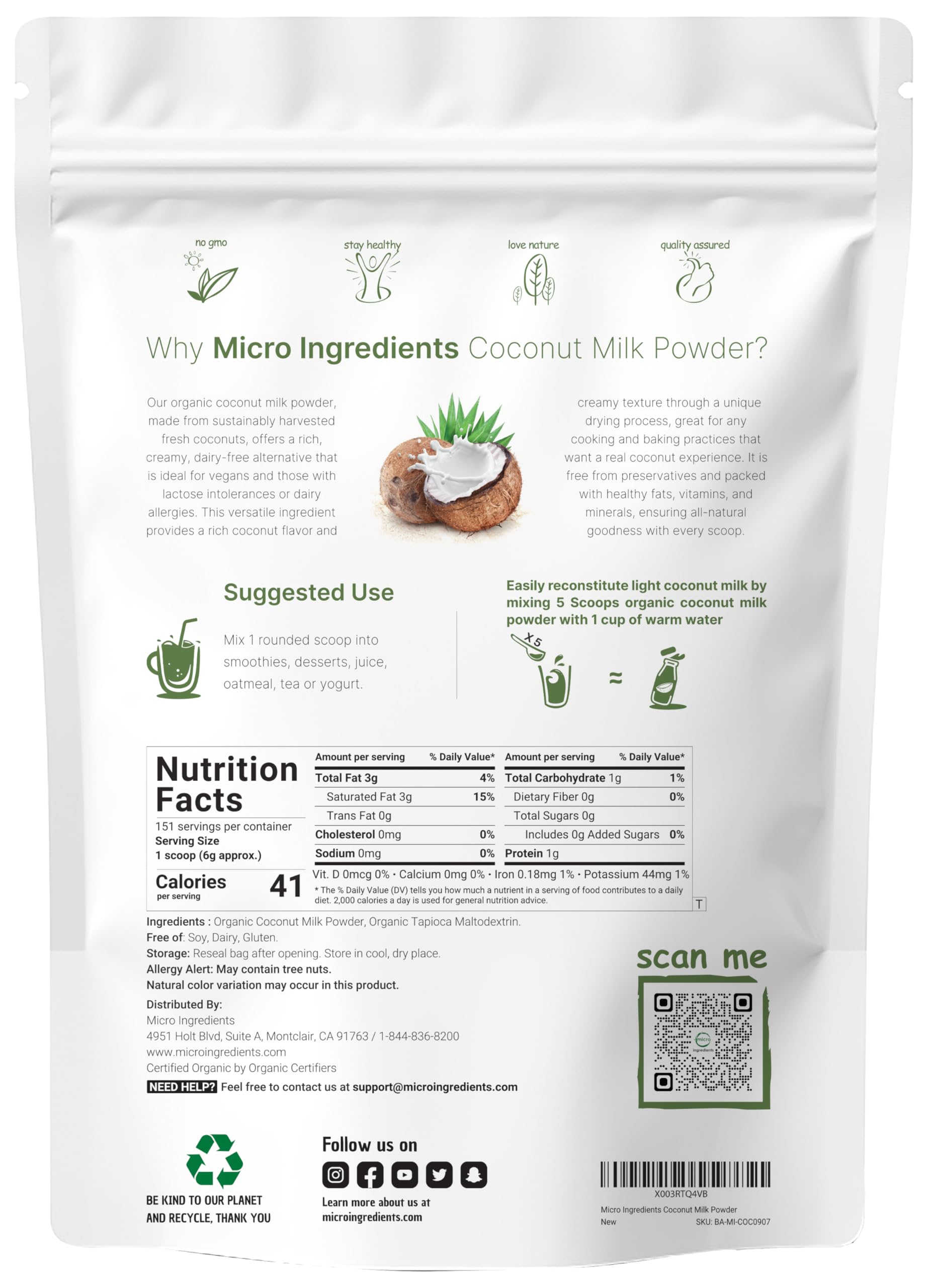 Micro Ingredients Organic Coconut Milk Powder, 2 Pound (32 Ounce), Plant-Based Creamer, Perfect for Coffee, Tea and Smoothie, Non-GMO and Keto Friendly