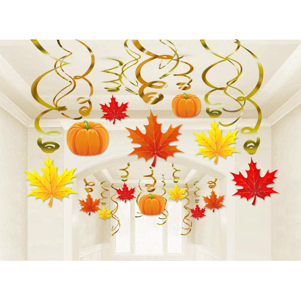 Autumn Thanksgiving Swirls Hanging Decorations - Pumpkin and Maple Leaf Fall Themed Party Supplies,No DIY Required,36 Pack