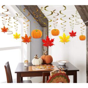 Autumn Thanksgiving Swirls Hanging Decorations - Pumpkin and Maple Leaf Fall Themed Party Supplies,No DIY Required,36 Pack