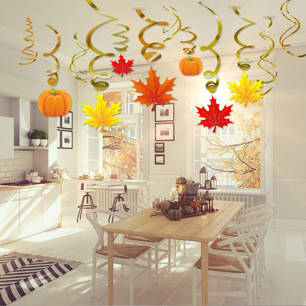 Autumn Thanksgiving Swirls Hanging Decorations - Pumpkin and Maple Leaf Fall Themed Party Supplies,No DIY Required,36 Pack