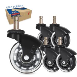 ikea office chair wheels replacement for hardwood floor and carpet, 10mm stem size, 2.5" roller blade style, replacement rubber chair casters set of 5 (black/clear)