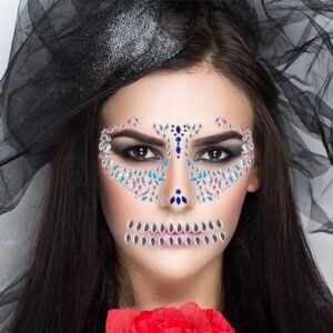 2 Pack Day Of The Dead Skull Temporary Rhinestone Face Tattoo,Face Stickers Gems Jewels for Halloween