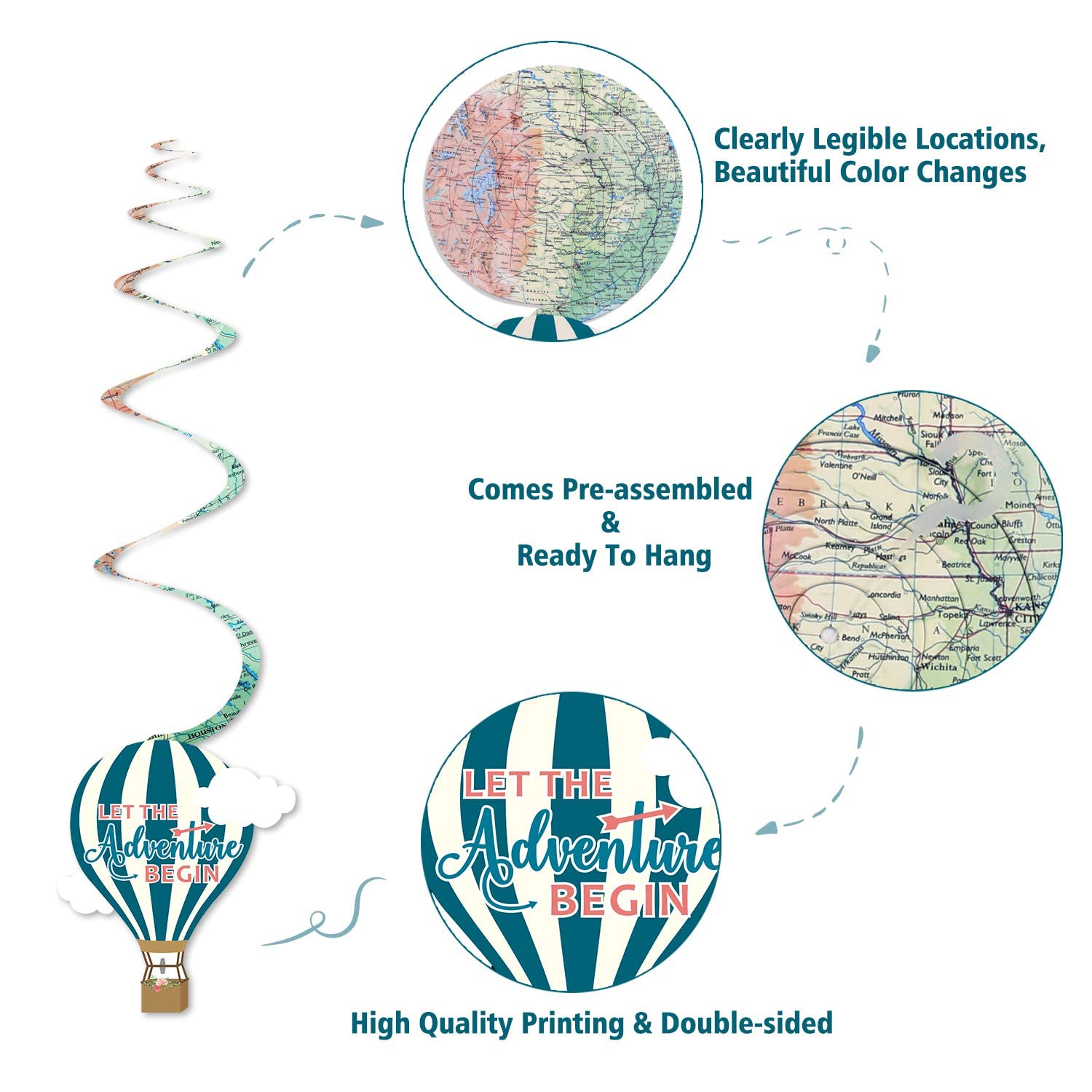 30CT Travel Themed Hanging Swirl Decorations Adventure Awaits Bon Voyage Farewell Retirement Themed Party Around The World Wedding Shower Party Ceiling Spiral Door Whirls Streamers Supplies