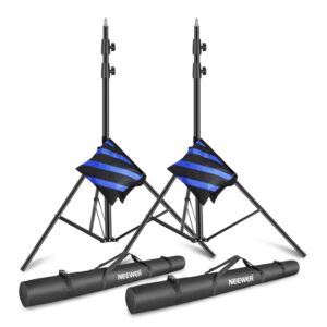 neewer light stands 10 feet/3 meters, pro heavy duty spring cushioned, all metal locking collars, set of 2 (black finish) with carry bags and sandbags for photo video photography htc vive, etc