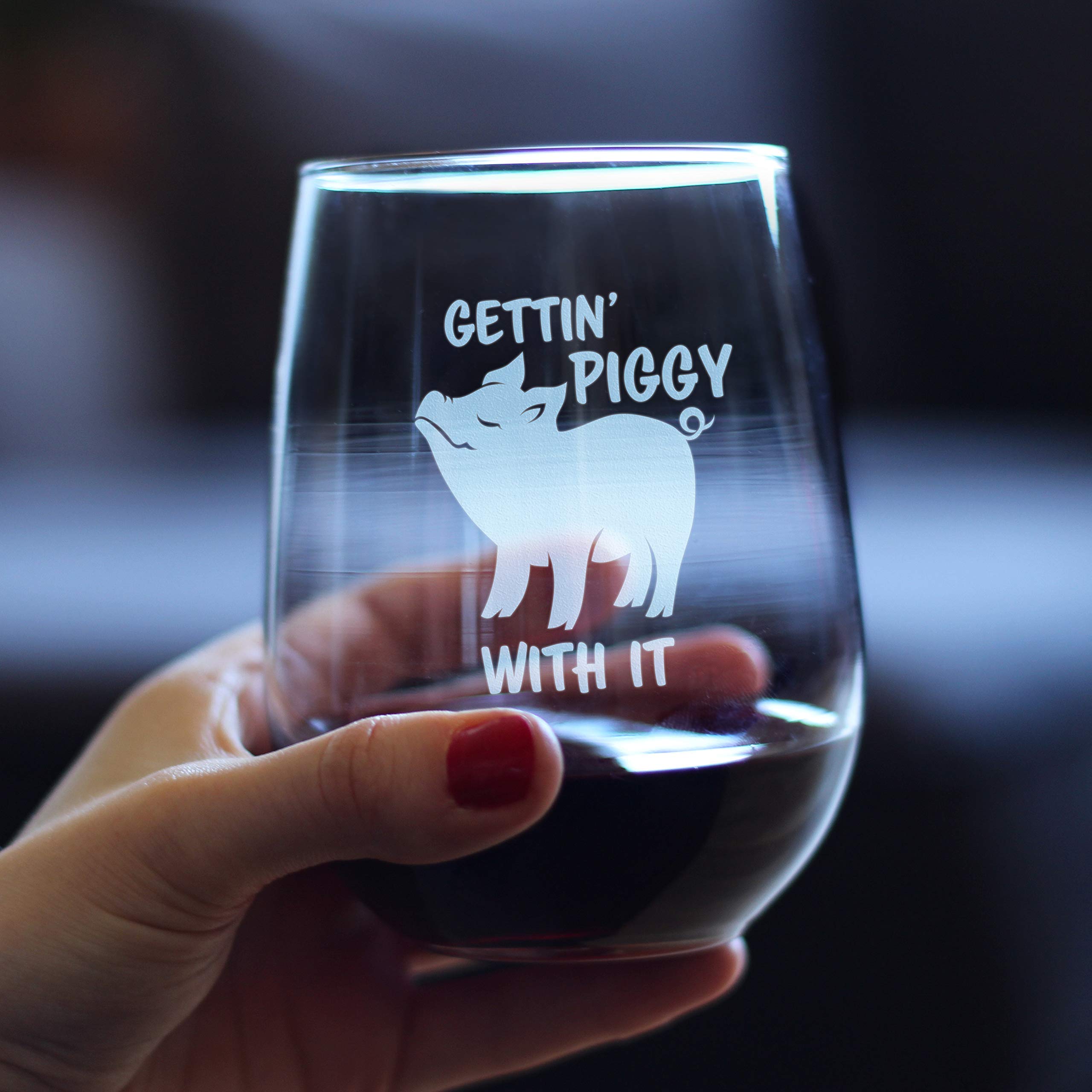 Gettin' Piggy With It - Stemless Wine Glass - Pig Decor Gifts for Lovers of Swine and Wine - Large 17 Ounce