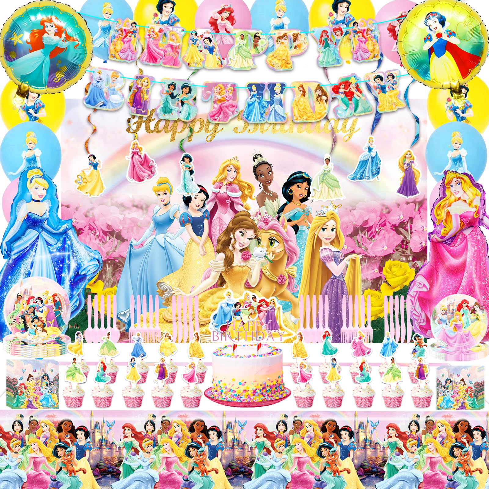 Princess Party Decorations - Princess Birthday Decorations include Banner Tablecloth Backdrop Ballons Cake Cupcake Toppers Tableware Haning Swirls, Princess Birthday Party Supplies