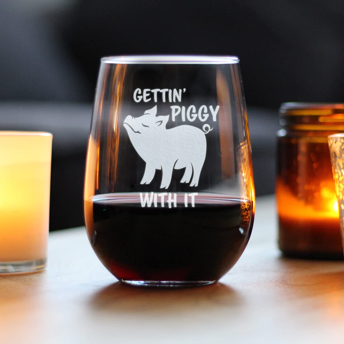 Gettin' Piggy With It - Stemless Wine Glass - Pig Decor Gifts for Lovers of Swine and Wine - Large 17 Ounce