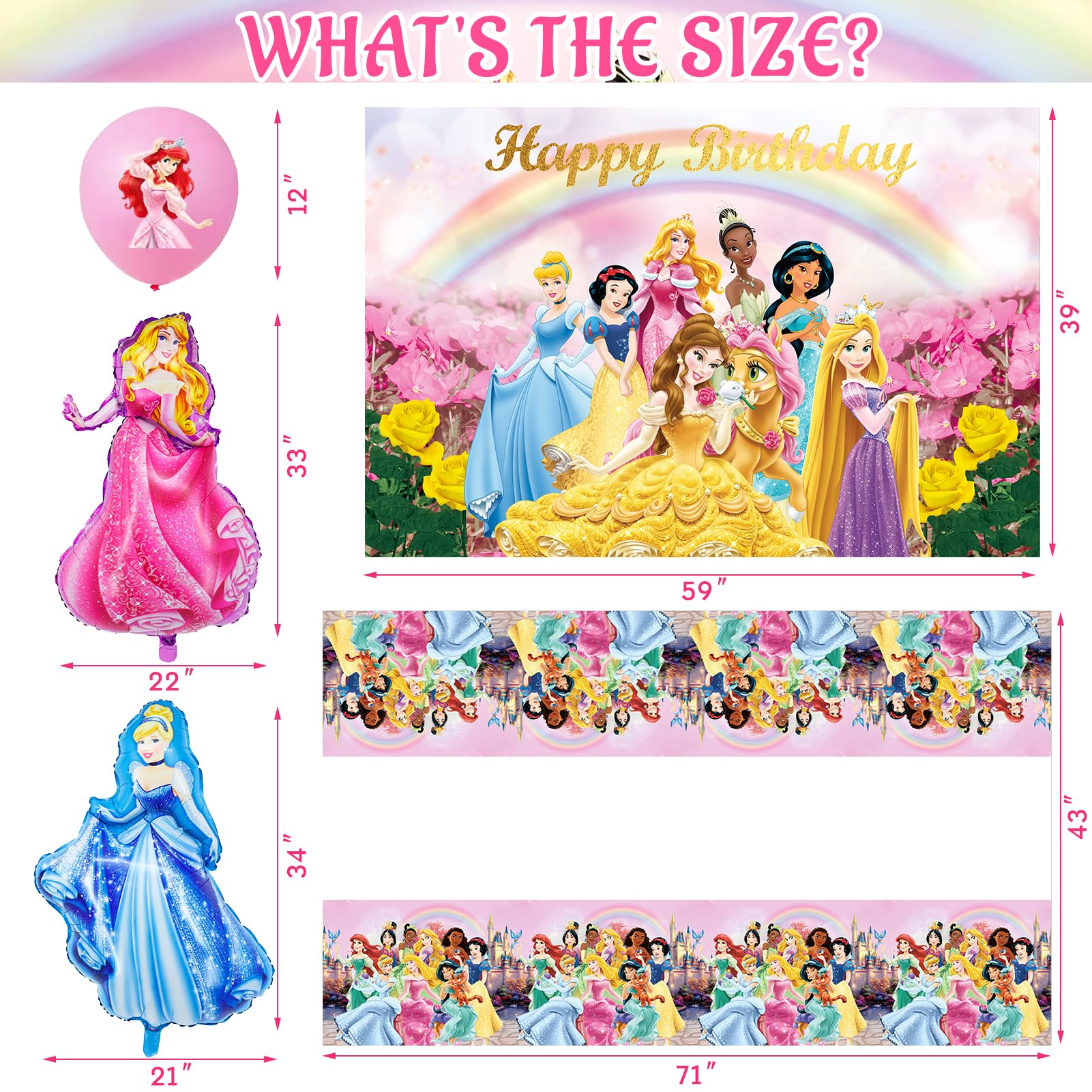 Princess Party Decorations - Princess Birthday Decorations include Banner Tablecloth Backdrop Ballons Cake Cupcake Toppers Tableware Haning Swirls, Princess Birthday Party Supplies