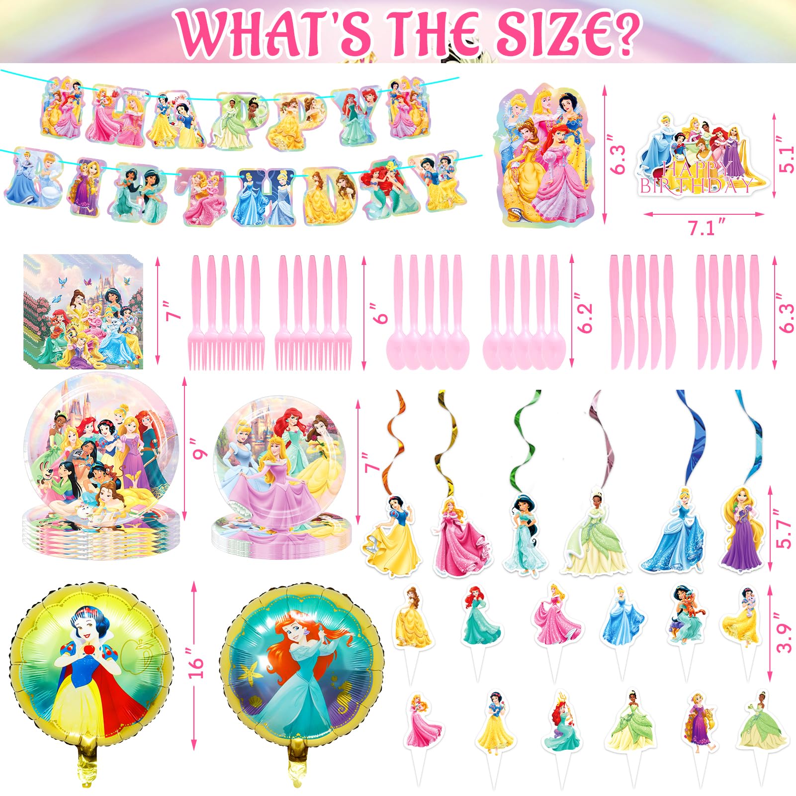 Princess Party Decorations - Princess Birthday Decorations include Banner Tablecloth Backdrop Ballons Cake Cupcake Toppers Tableware Haning Swirls, Princess Birthday Party Supplies