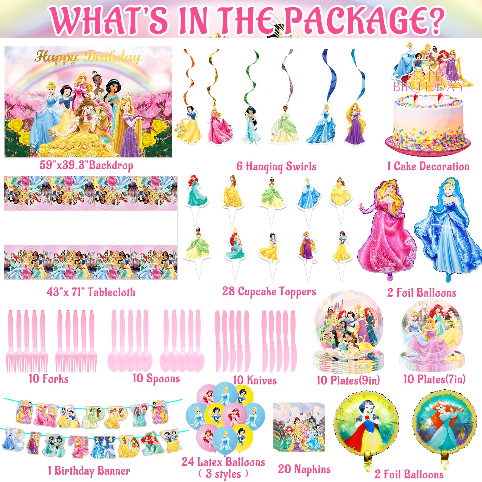 Princess Party Decorations - Princess Birthday Decorations include Banner Tablecloth Backdrop Ballons Cake Cupcake Toppers Tableware Haning Swirls, Princess Birthday Party Supplies