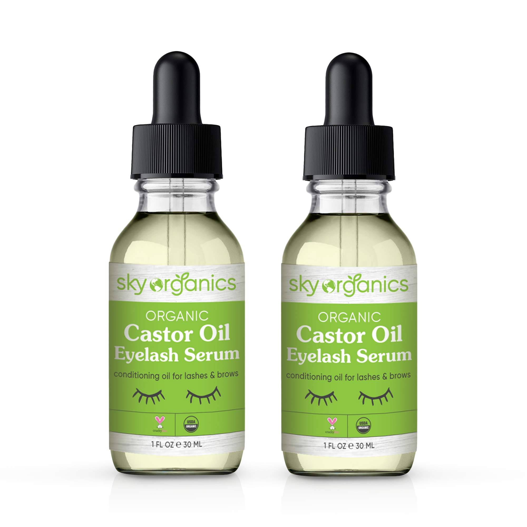 Organic Castor Oil Eyelash Serum By Sky Organics (1oz x 2 Pack) Cold-Pressed, 100% Pure Castor Oil - Dry Skin, Hair Growth, Eyelashes & Eyebrows growth- Caster Oil Lash Enhancer with Mascara Brushes