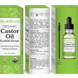 Organic Castor Oil Eyelash Serum By Sky Organics (1oz x 2 Pack) Cold-Pressed, 100% Pure Castor Oil - Dry Skin, Hair Growth, Eyelashes & Eyebrows growth- Caster Oil Lash Enhancer with Mascara Brushes