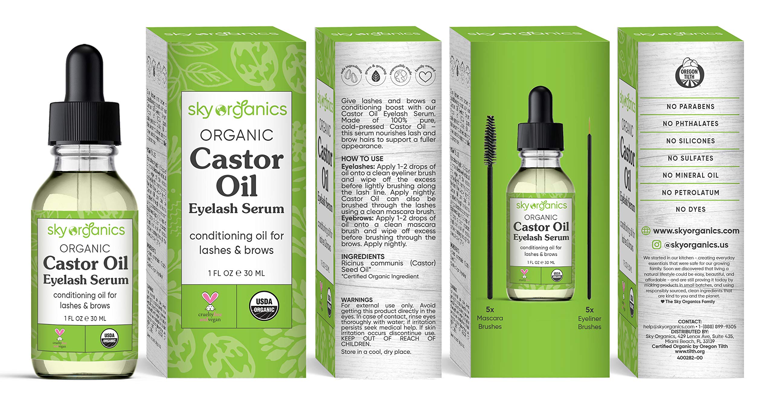 Organic Castor Oil Eyelash Serum By Sky Organics (1oz x 2 Pack) Cold-Pressed, 100% Pure Castor Oil - Dry Skin, Hair Growth, Eyelashes & Eyebrows growth- Caster Oil Lash Enhancer with Mascara Brushes