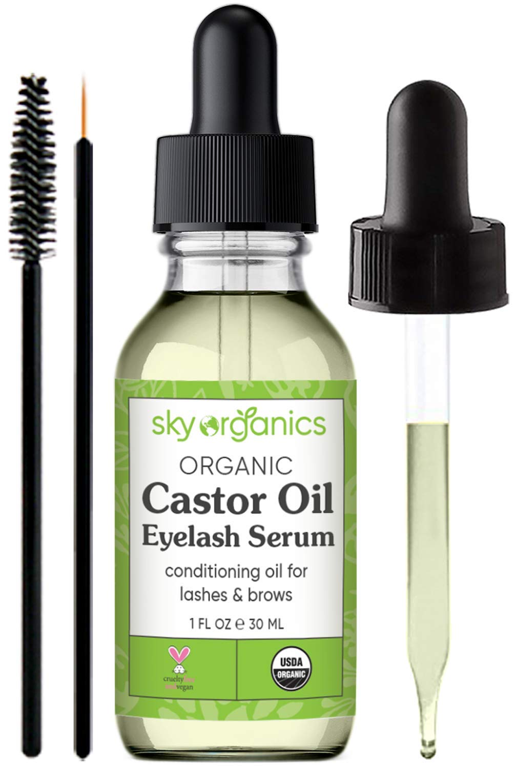 Organic Castor Oil Eyelash Serum By Sky Organics (1oz x 2 Pack) Cold-Pressed, 100% Pure Castor Oil - Dry Skin, Hair Growth, Eyelashes & Eyebrows growth- Caster Oil Lash Enhancer with Mascara Brushes