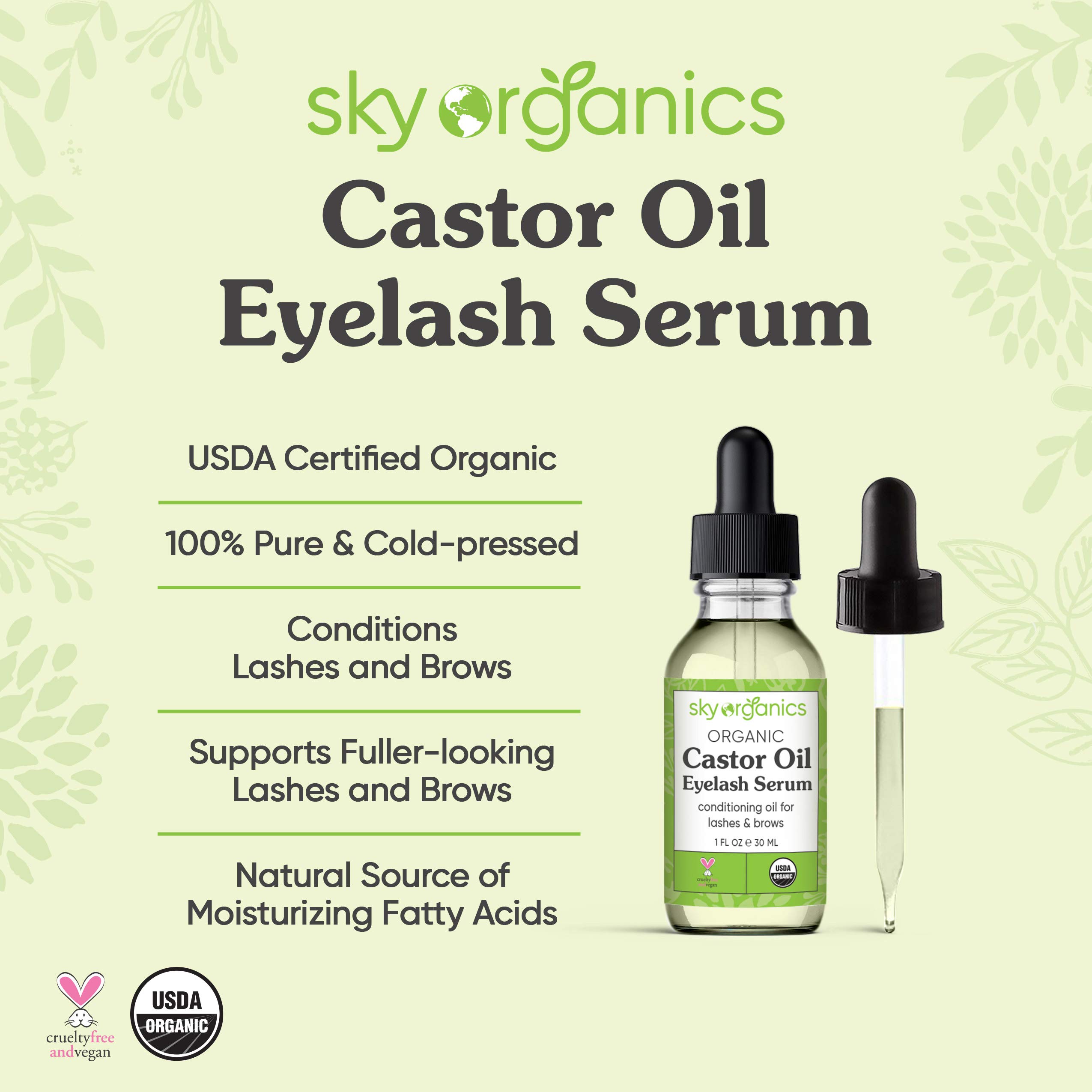 Organic Castor Oil Eyelash Serum By Sky Organics (1oz x 2 Pack) Cold-Pressed, 100% Pure Castor Oil - Dry Skin, Hair Growth, Eyelashes & Eyebrows growth- Caster Oil Lash Enhancer with Mascara Brushes