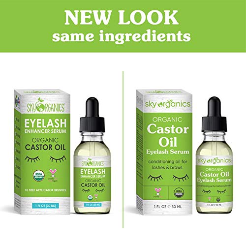 Organic Castor Oil Eyelash Serum By Sky Organics (1oz x 2 Pack) Cold-Pressed, 100% Pure Castor Oil - Dry Skin, Hair Growth, Eyelashes & Eyebrows growth- Caster Oil Lash Enhancer with Mascara Brushes