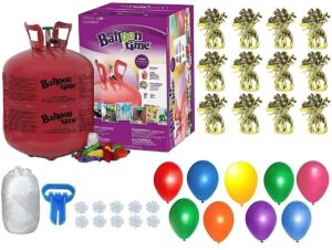 blue ribbon, helium tank with 50 balloons and white ribbon + 12 gold balloon weights + plus balloon tying tool