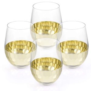 MyGift 18 oz Stemless Wine Glasses Set of 4 with Gold-Tone Hammered Design