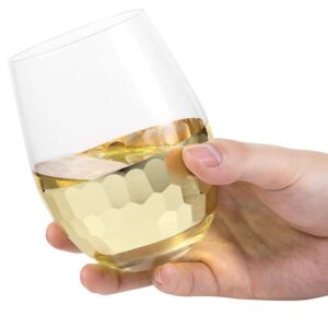MyGift 18 oz Stemless Wine Glasses Set of 4 with Gold-Tone Hammered Design