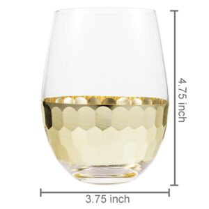 MyGift 18 oz Stemless Wine Glasses Set of 4 with Gold-Tone Hammered Design