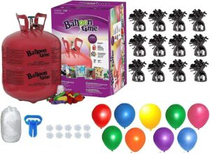 blue ribbon, helium tank with 50 balloons and white ribbon + 12 black balloon weights + plus balloon tying tool