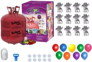 blue ribbon, helium tank with 50 balloons and white ribbon + 12 silver balloon weights + plus balloon tying tool and flower clips