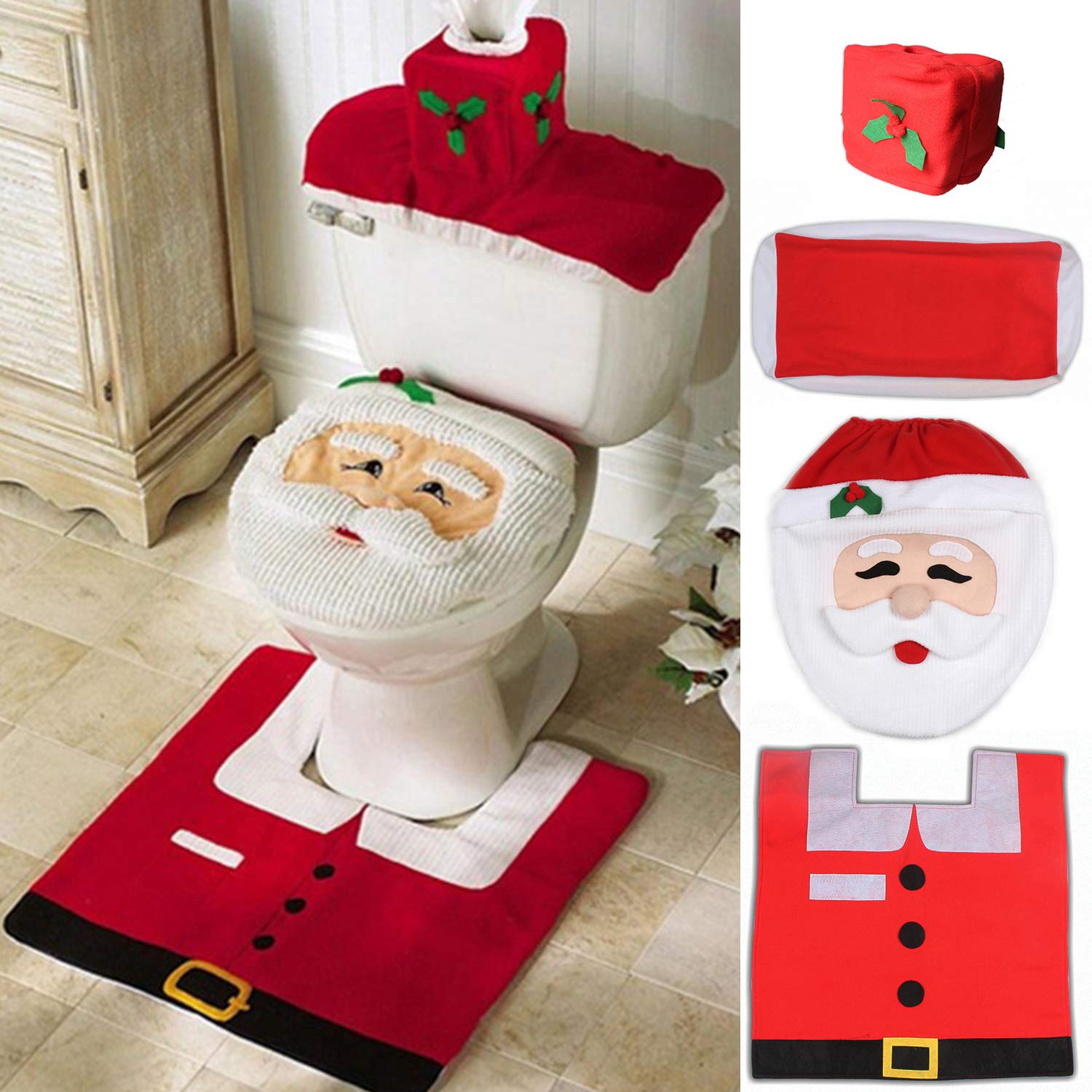 Ohuhu Christmas Bathroom Sets, Santa Toilet Seat Cover 4-Piece Christmas Bathroom Decor, Toilet Seat Cover and Rug Set, Santa on The Toilet Ornament, Santa Claus Toilet Seat for Christmas Decorations