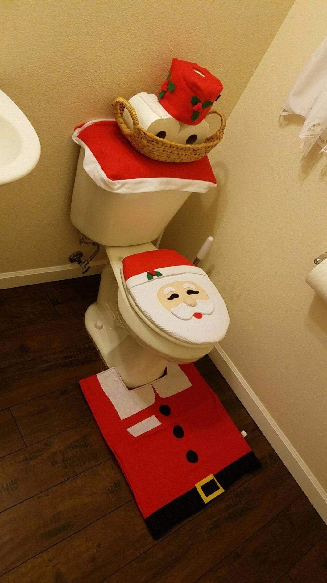 Ohuhu Christmas Bathroom Sets, Santa Toilet Seat Cover 4-Piece Christmas Bathroom Decor, Toilet Seat Cover and Rug Set, Santa on The Toilet Ornament, Santa Claus Toilet Seat for Christmas Decorations