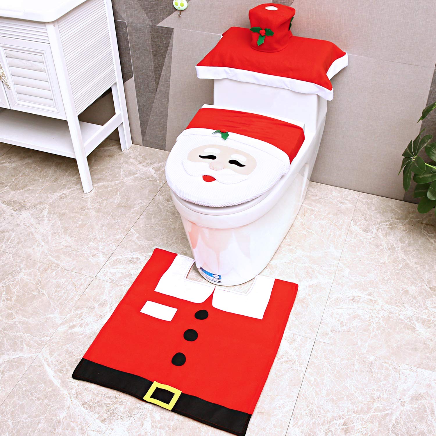 Ohuhu Christmas Bathroom Sets, Santa Toilet Seat Cover 4-Piece Christmas Bathroom Decor, Toilet Seat Cover and Rug Set, Santa on The Toilet Ornament, Santa Claus Toilet Seat for Christmas Decorations