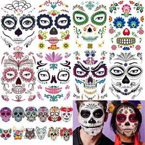 20 sheets day of the dead face sugar skull tattoos,including 8 large sheets halloween temporary face tattoos, halloween sugar skull face tattoos