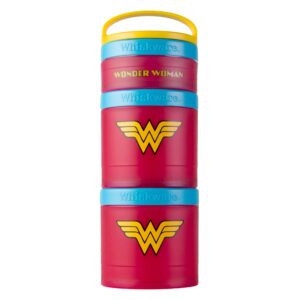 whiskware justice league stackable snack containers for kids and toddlers, 3 stackable snack cups for school or travel, wonder woman icon