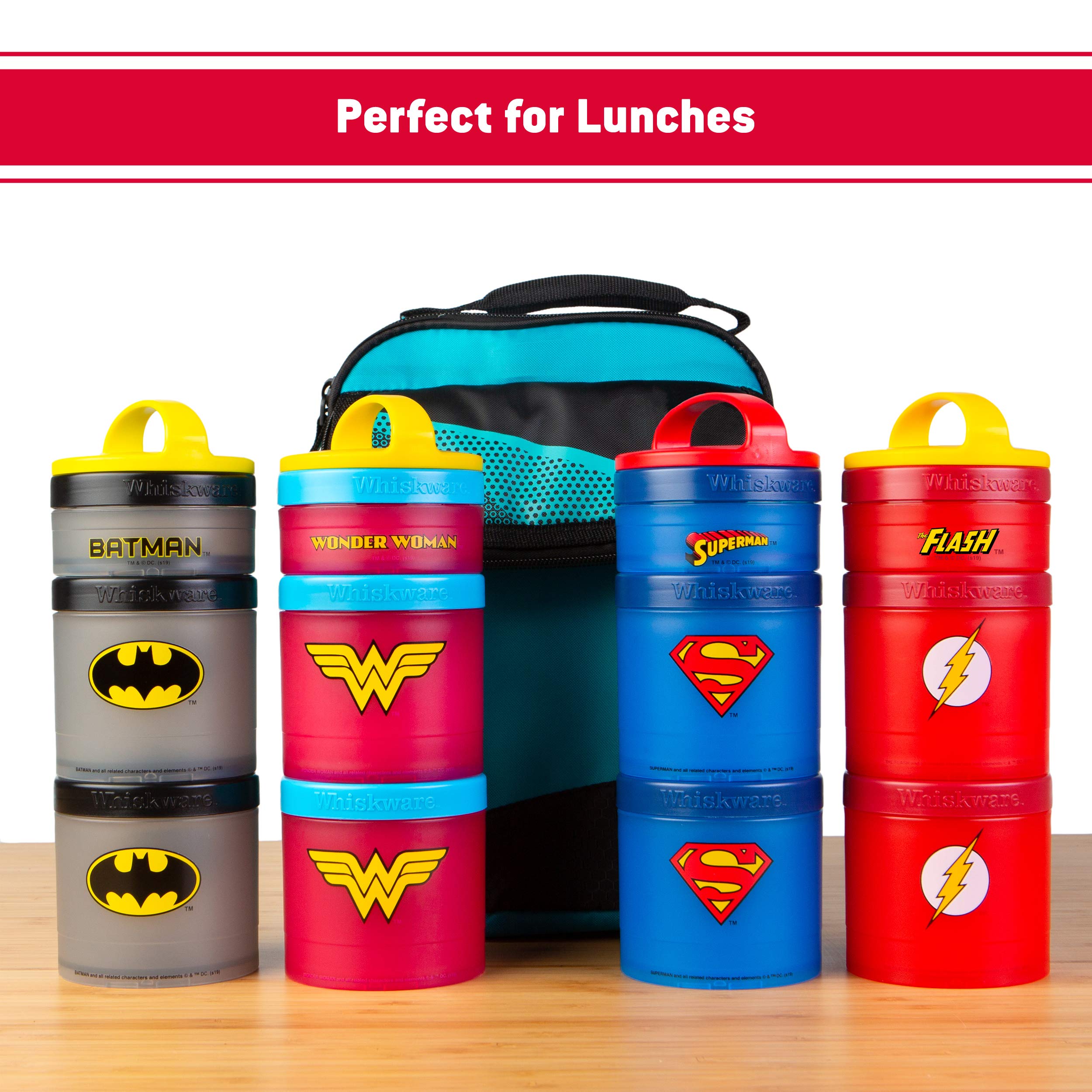 Whiskware Justice League Stackable Snack Containers for Kids and Toddlers, 3 Stackable Snack Cups for School or Travel, Wonder Woman Icon