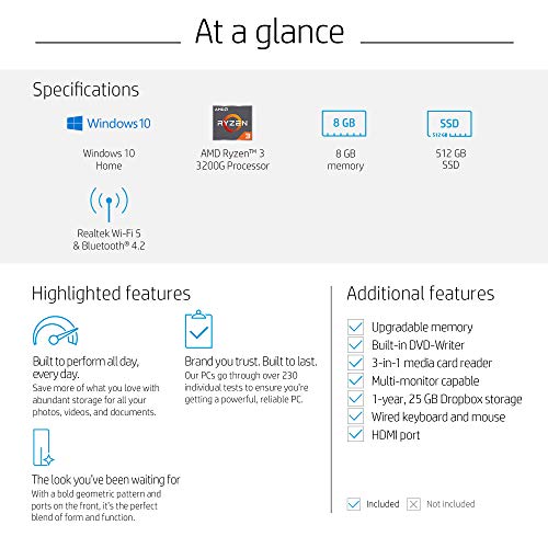 HP Desktop PC, AMD Ryzen 3 3200G Processor, 8 GB of RAM, 512 GB SSD Storage, Windows 10 Home, High Speed Performance, Computer, 8 USB Ports, for Business, Study, Videos, and Gaming (M01-F0020, 2020)