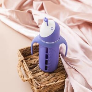 Tabor Place Glass Sippy Cup for Toddlers - The Luca | Spill-proof | Silicone Straw | Indigo Purple | 8 oz | Liquids Never Touch Plastic | Removable Handles